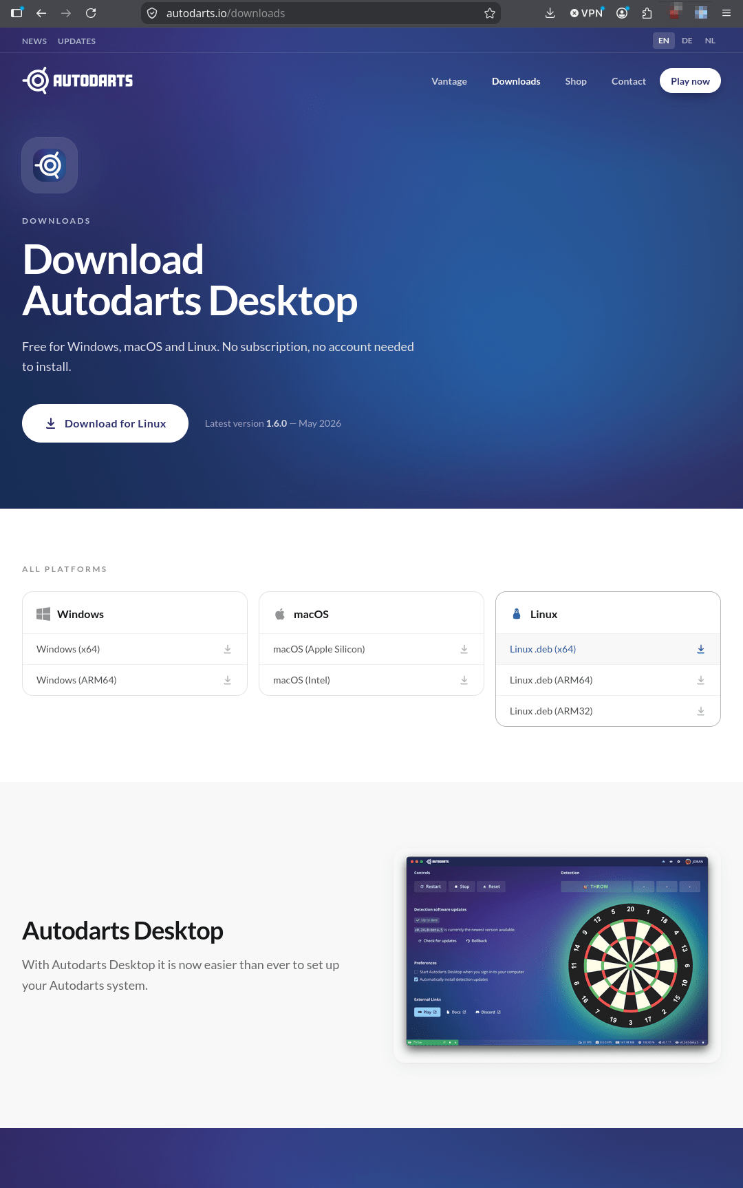 Autodarts Desktop download page at autodarts.io/downloads, showing Windows, macOS, and Linux download options