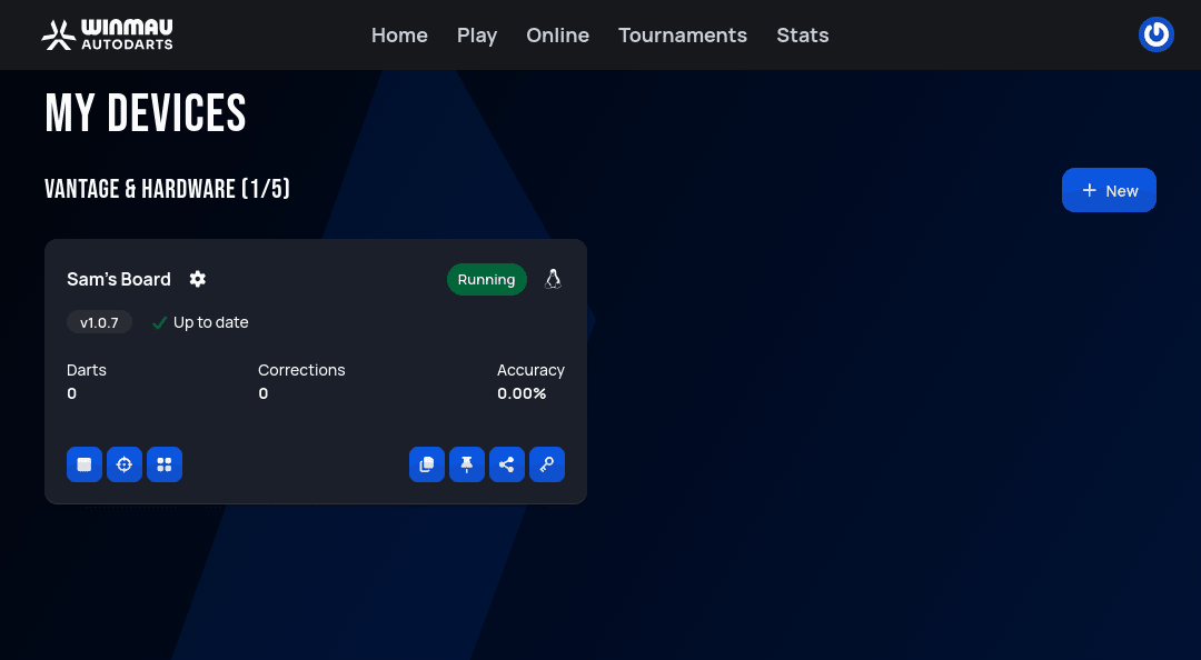 My Devices page showing one board, Sam's Board, with a Running status, version info, Darts/Corrections/Accuracy stats, and a row of action icons