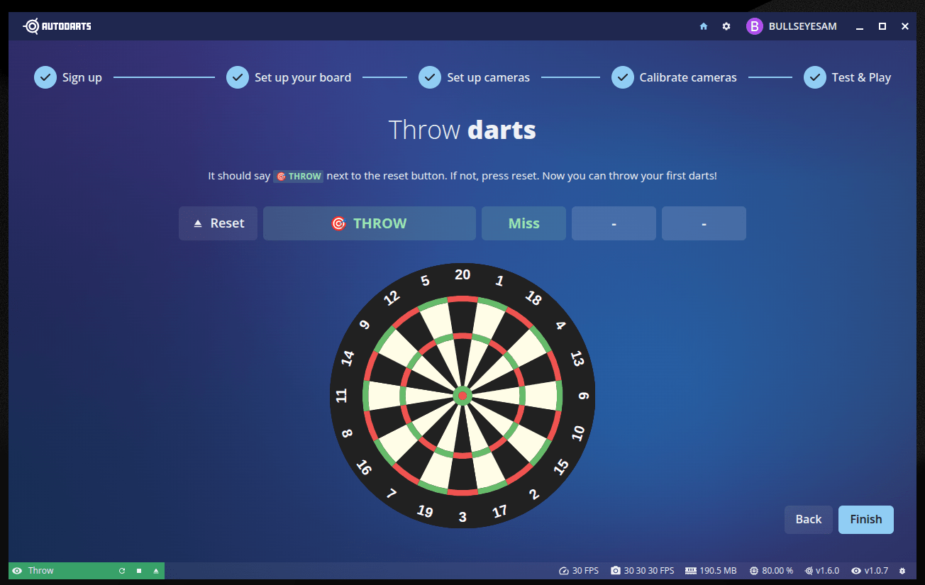 Throw darts test step with a Reset/Throw/Miss control row and an on-screen dartboard, waiting for a dart