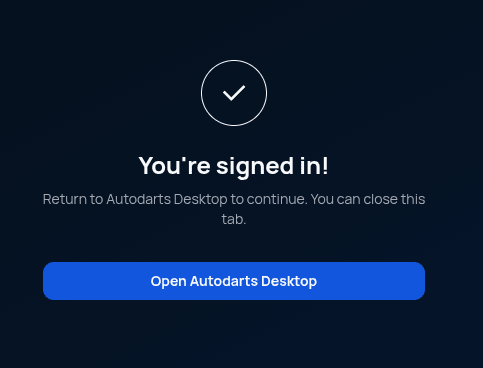 Confirmation screen reading You're signed in, with a button to return to Autodarts Desktop