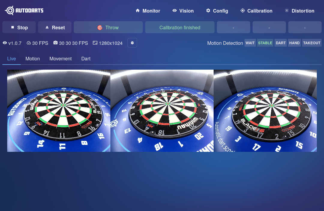 Vision tab, Live sub-tab, showing the three raw camera feeds