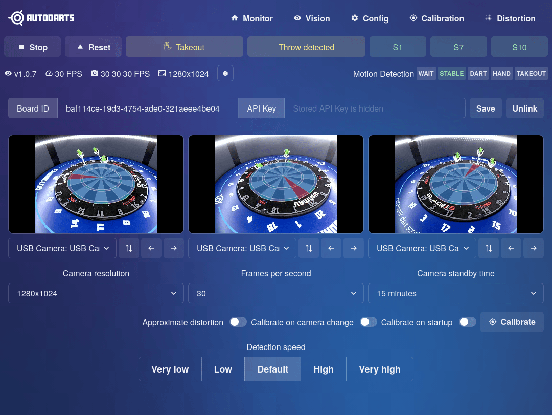 Board Manager web interface, Config tab, showing Board ID and API Key fields above the three camera configuration panels