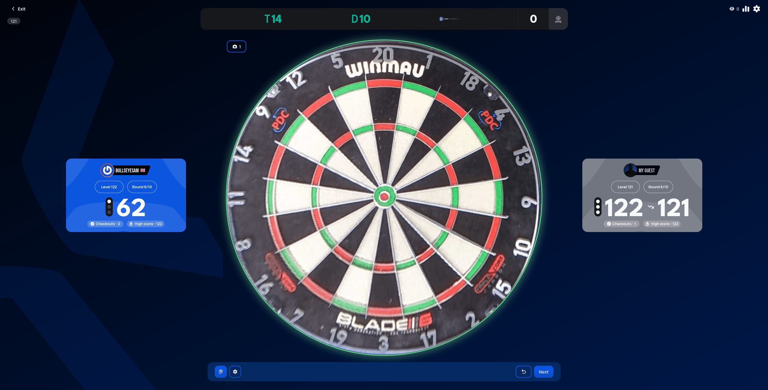 121 failed checkout on the Soft setting, the player card grey and showing 122 with a falling arrow to 121