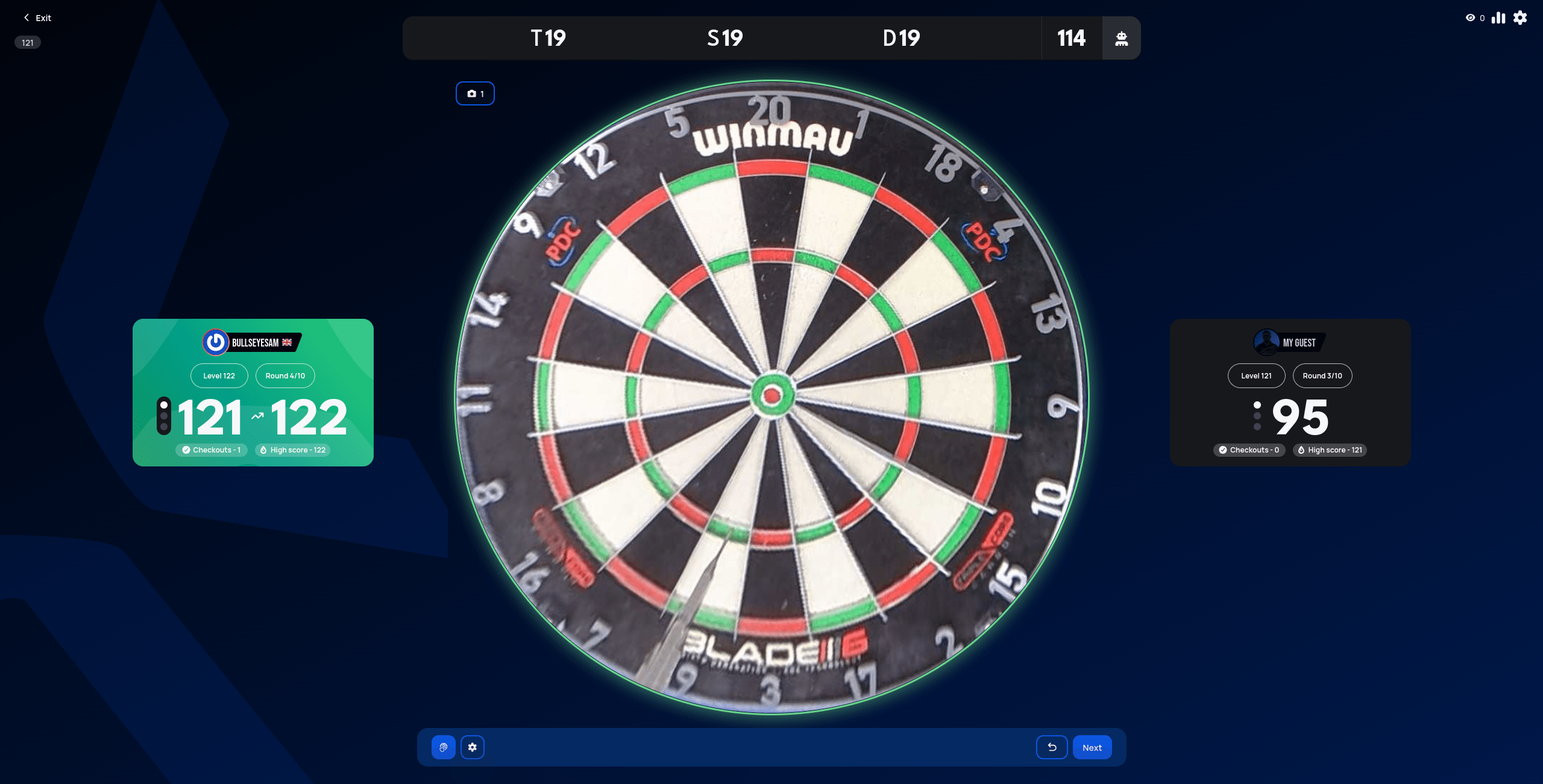 121 successful checkout, the player card green and showing 121 with a rising arrow to 122, Level now 122 and Checkouts now 1