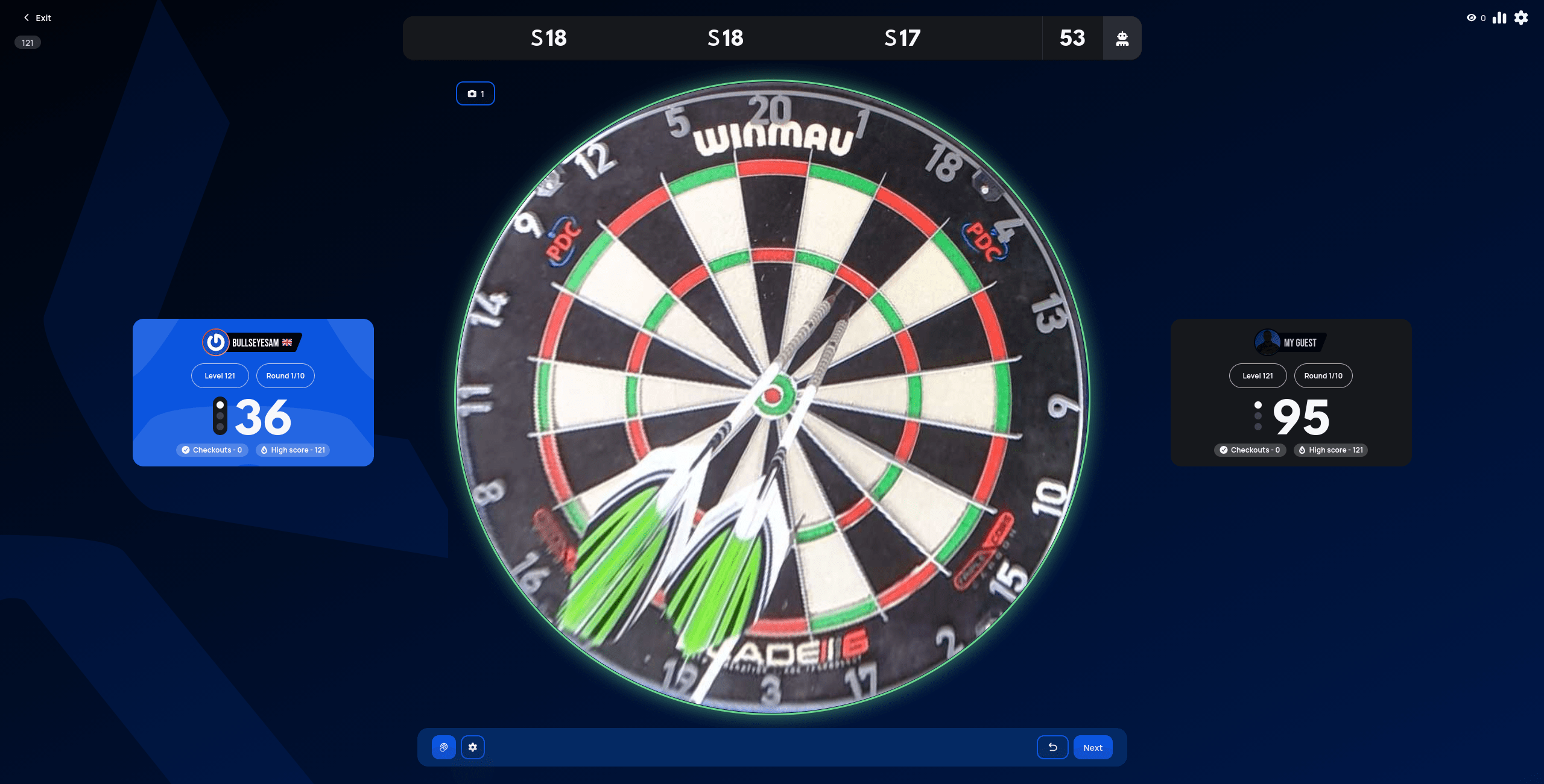 121 mid-round, three darts in the board scoring 53 and the player's remaining total down to 36