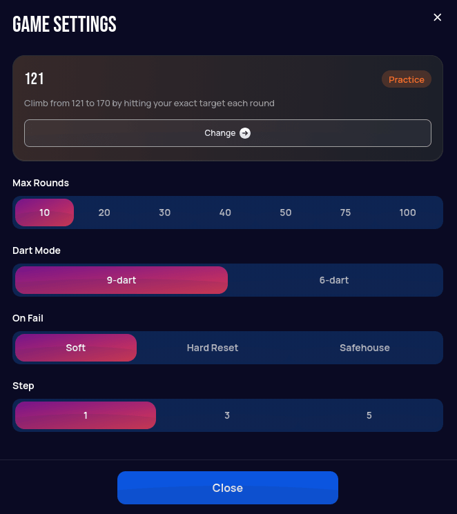 121 game settings panel, showing Max Rounds, Dart Mode, On Fail, and Step