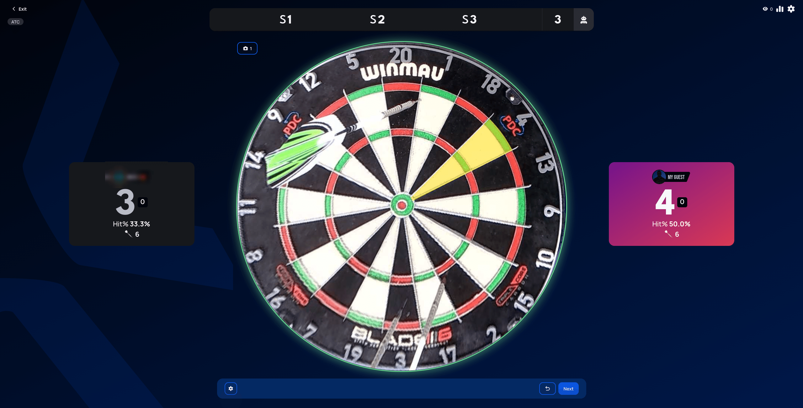 Around The Clock match in progress, showing each player's hit percentage and current count