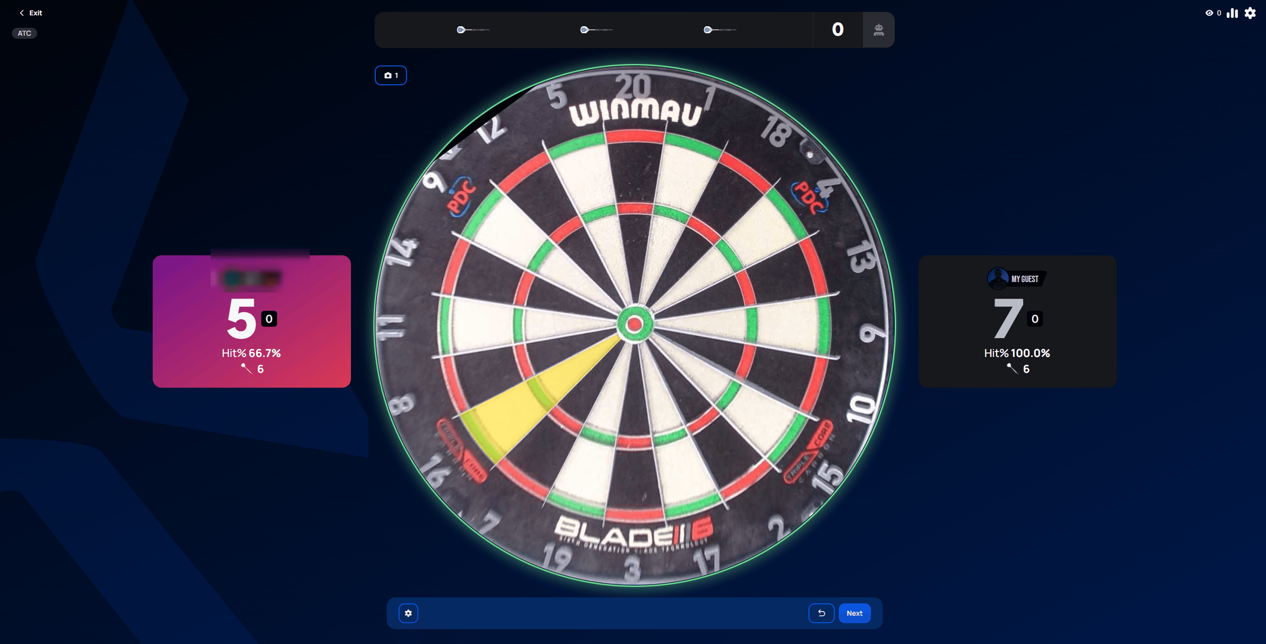 Around The Clock match in progress, a different segment highlighted in yellow, illustrating that the counter alone doesn't indicate the next number