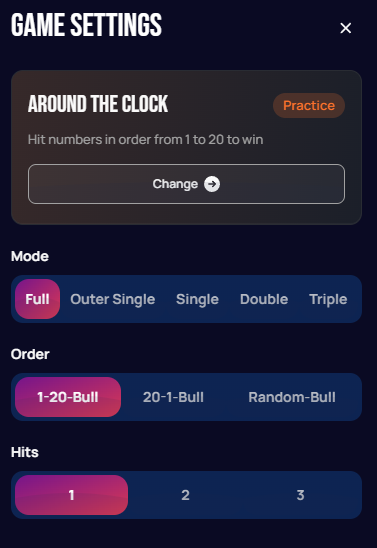 Around The Clock game settings panel
