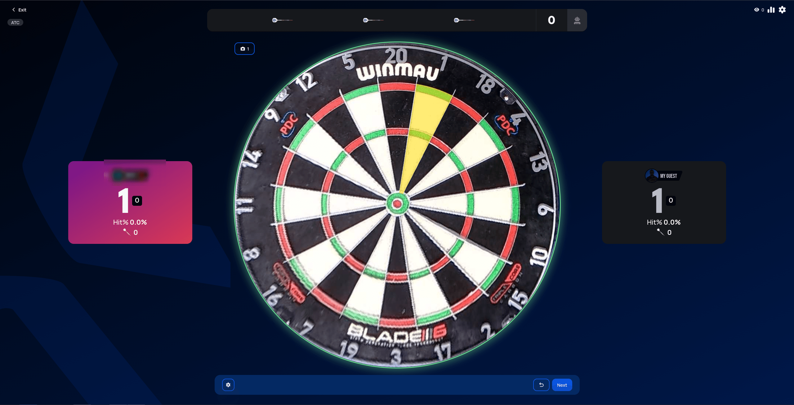 Around The Clock match start, with the current target segment highlighted in yellow on the board
