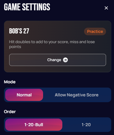 Bob's 27 game settings panel