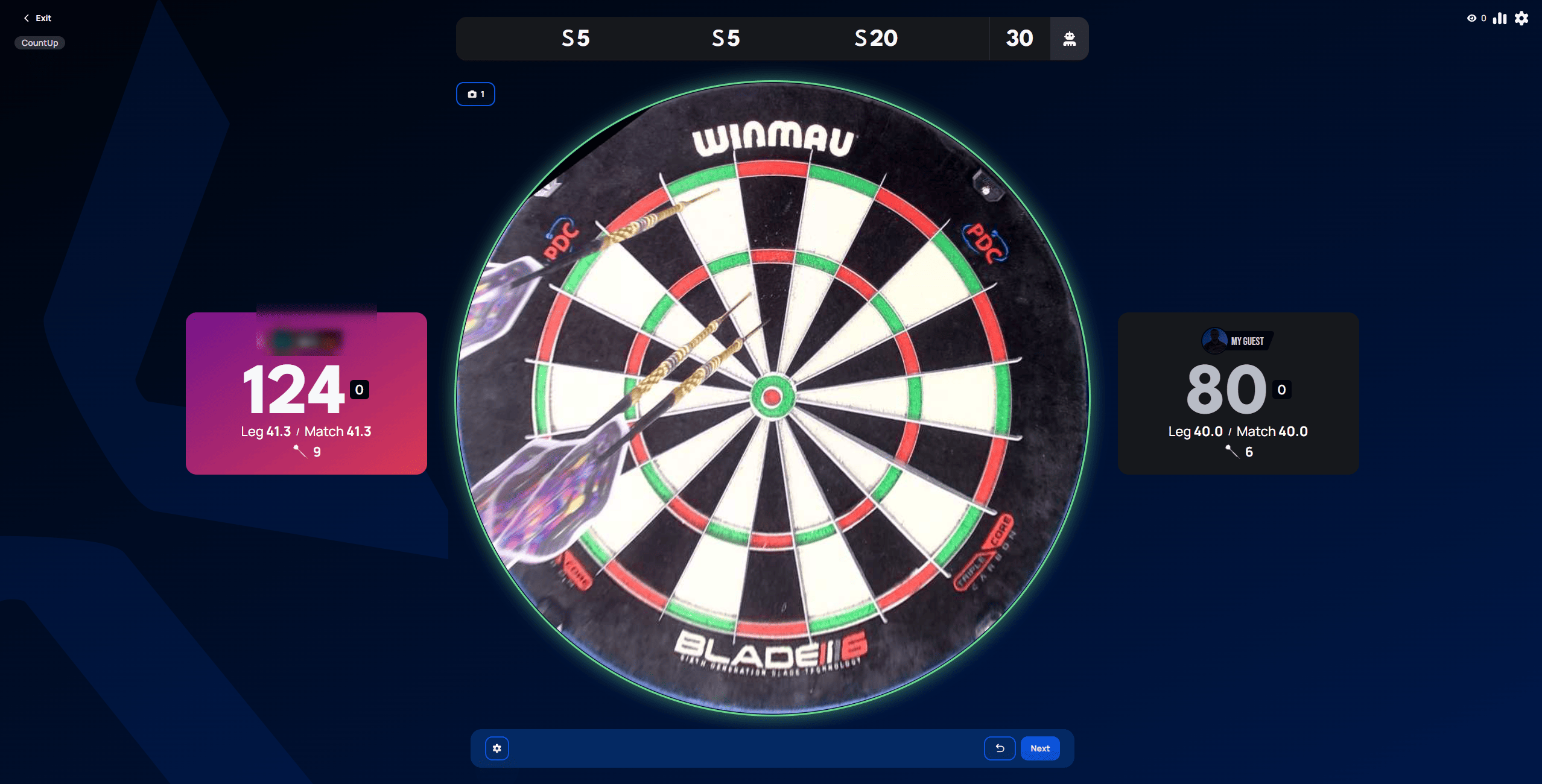 Count Up match in progress, one player at 124 points and the other at 80