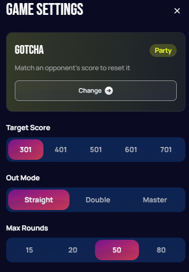 Gotcha game settings panel
