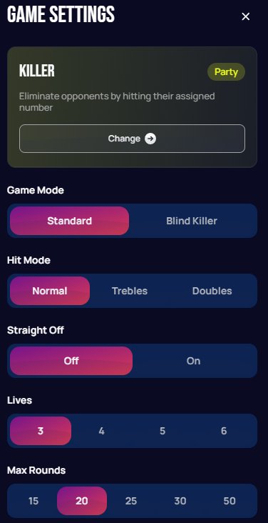 Killer game settings panel