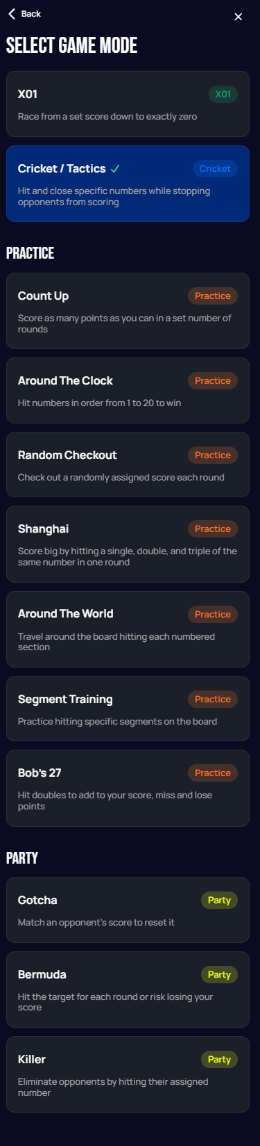 Full Select Game Mode list, showing X01, Cricket/Tactics, the Practice section, and the Party section