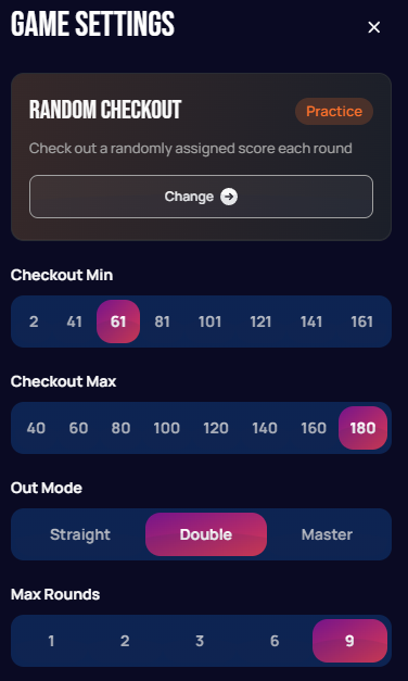 Random Checkout game settings panel