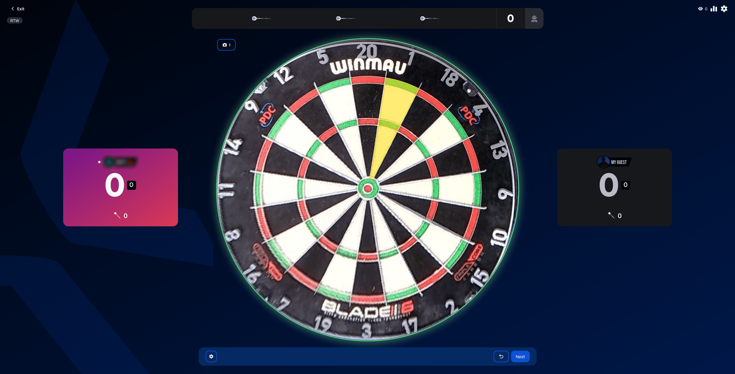 Round the World match start, with the current target segment highlighted in yellow on the board