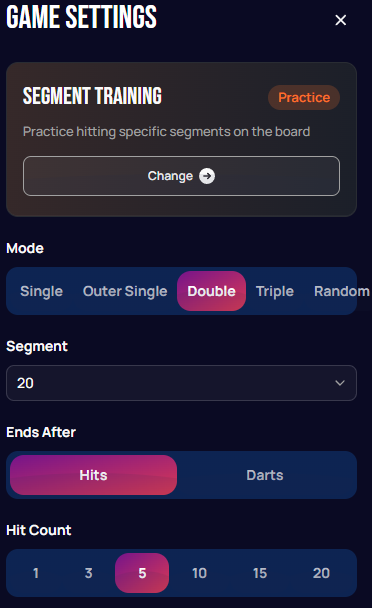 Segment Training game settings panel