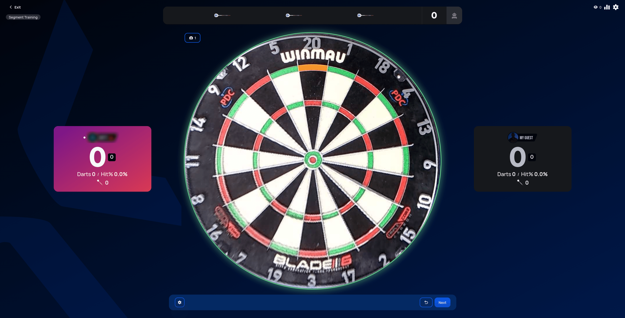 Segment Training match start, with the target segment highlighted in orange on the board