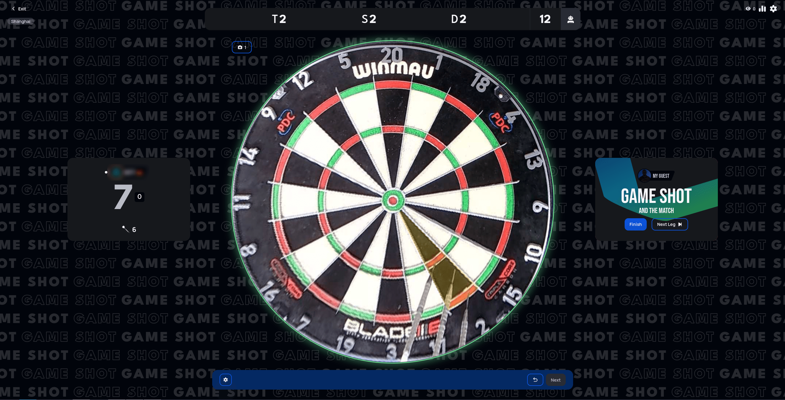 Game Shot banner after hitting a Shanghai — triple 2, single 2, and double 2 in the same round