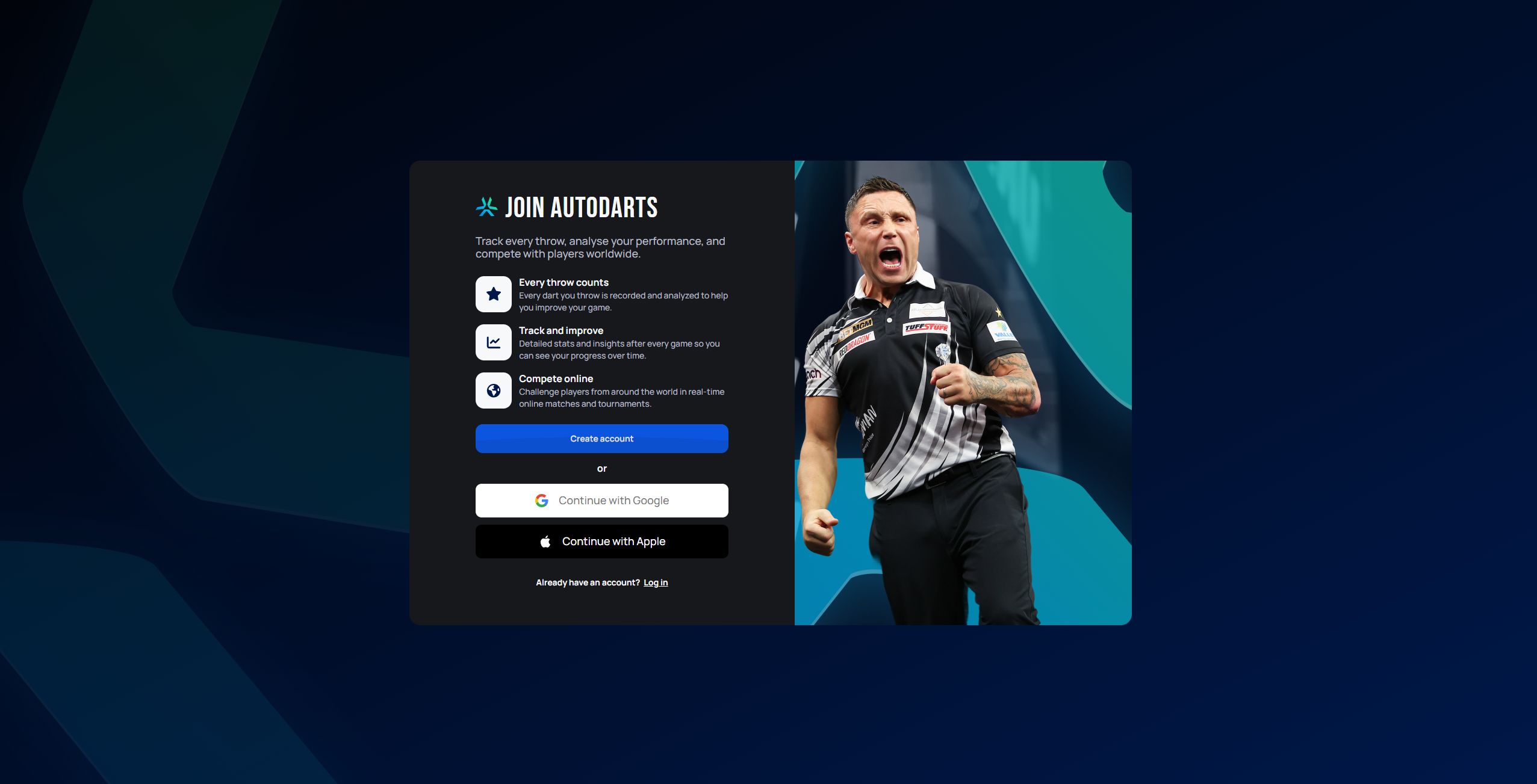Autodarts landing page with Create account, Continue with Google, Continue with Apple, and a Log in link