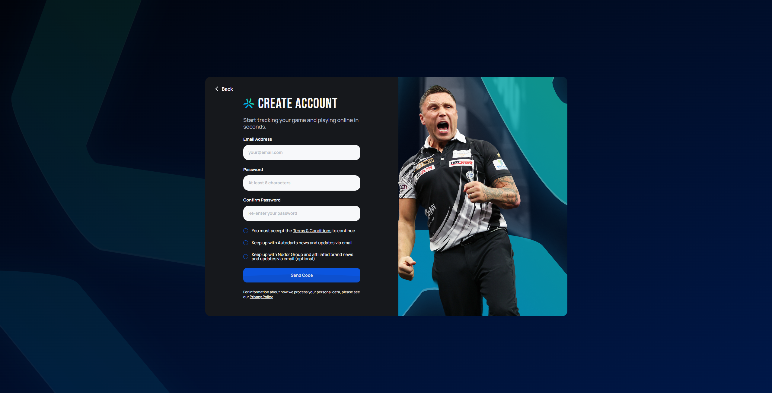 Create account form with email address, password, and confirm password fields, plus Terms & Conditions and email opt-in checkboxes
