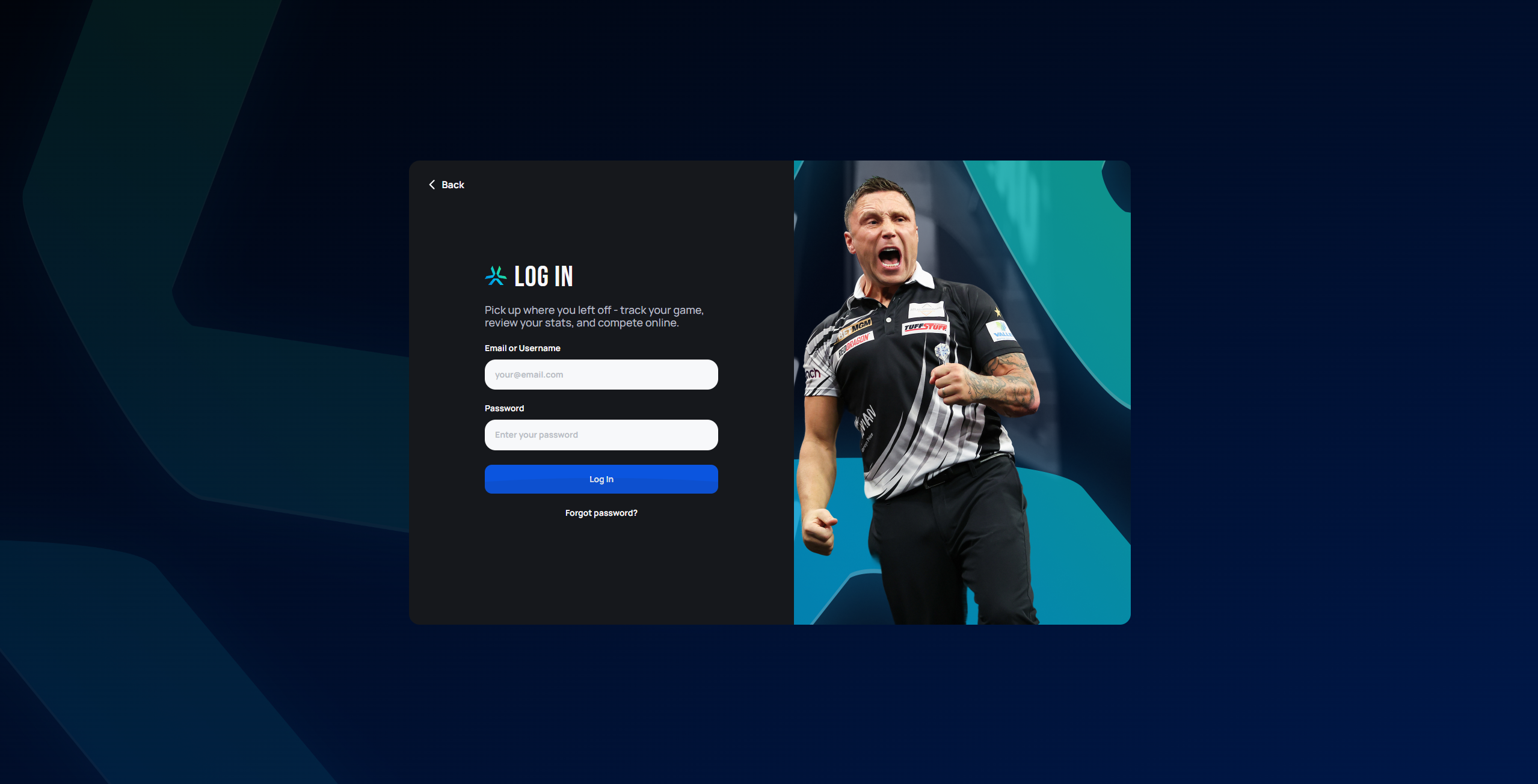 Log in form with email or username and password fields, and a Forgot password link