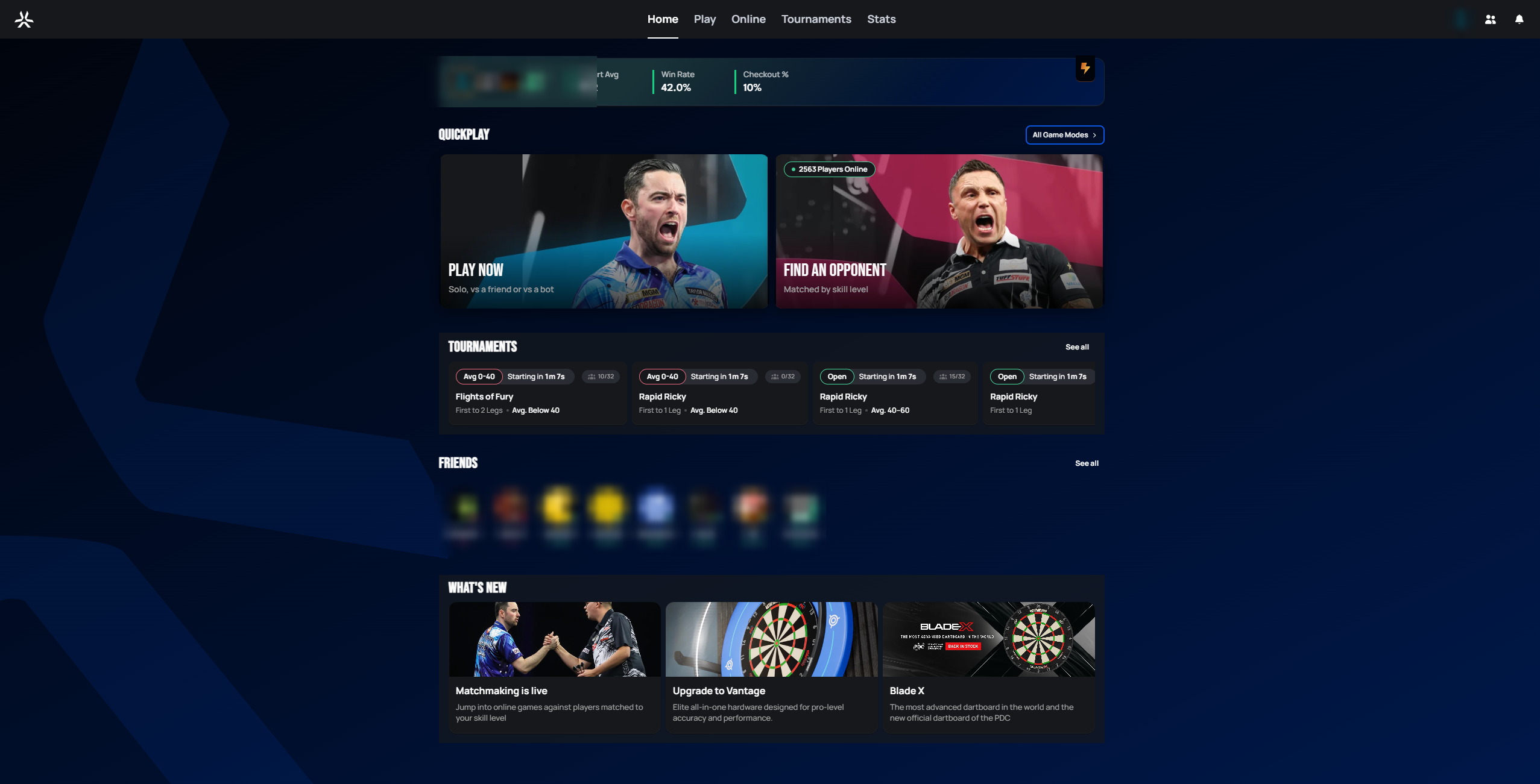 Autodarts Play home dashboard with stats summary, Quickplay tiles, tournaments, friends list, and What's New section