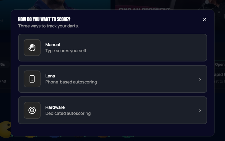 How do you want to score modal with Manual, Lens, and Hardware options