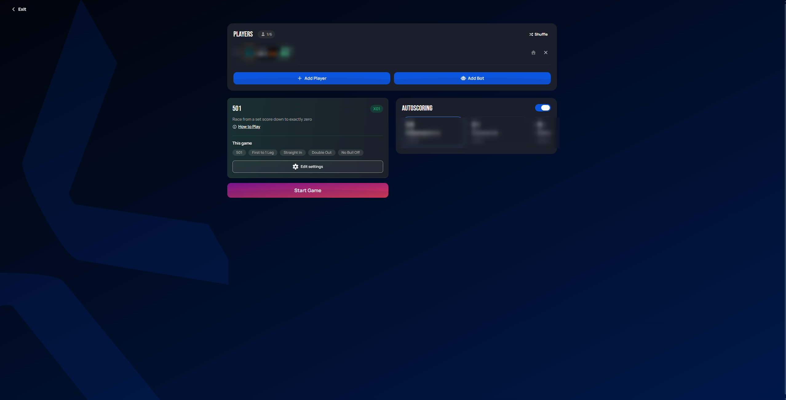 Create Lobby screen with one player, a 501 X01 game summary, and an Autoscoring panel listing available boards