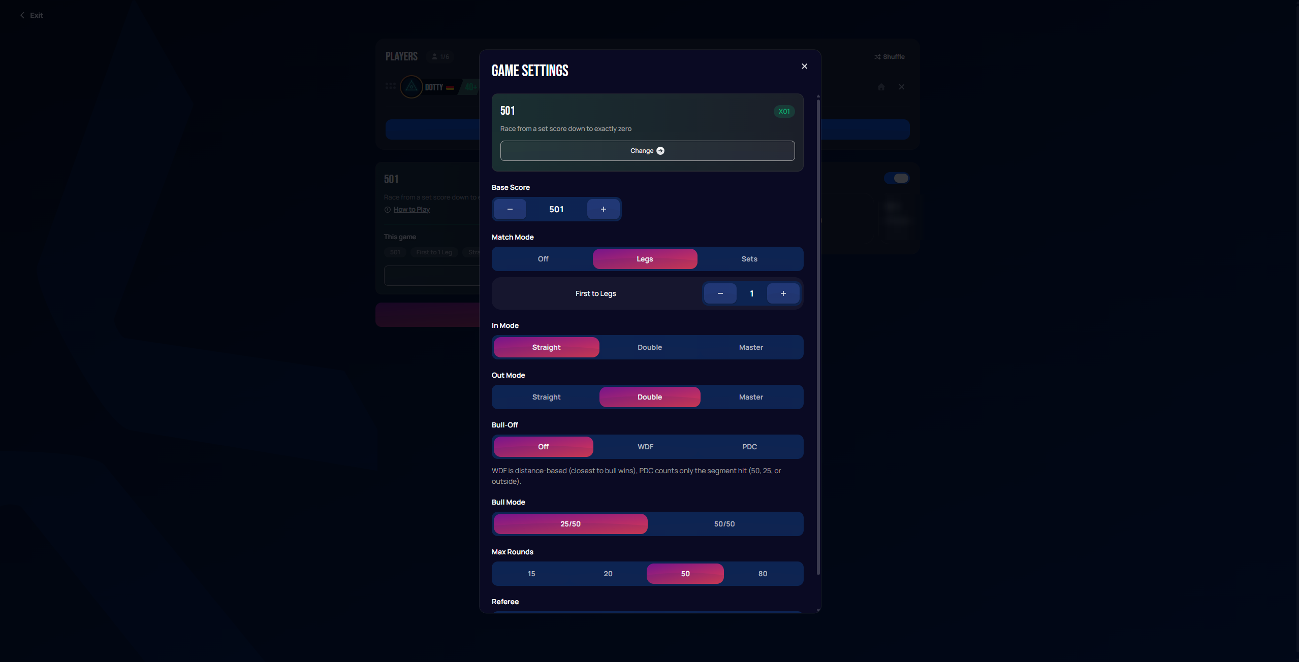 Game Settings modal showing base score, match mode, in mode, out mode, bull-off, bull mode, and max rounds options