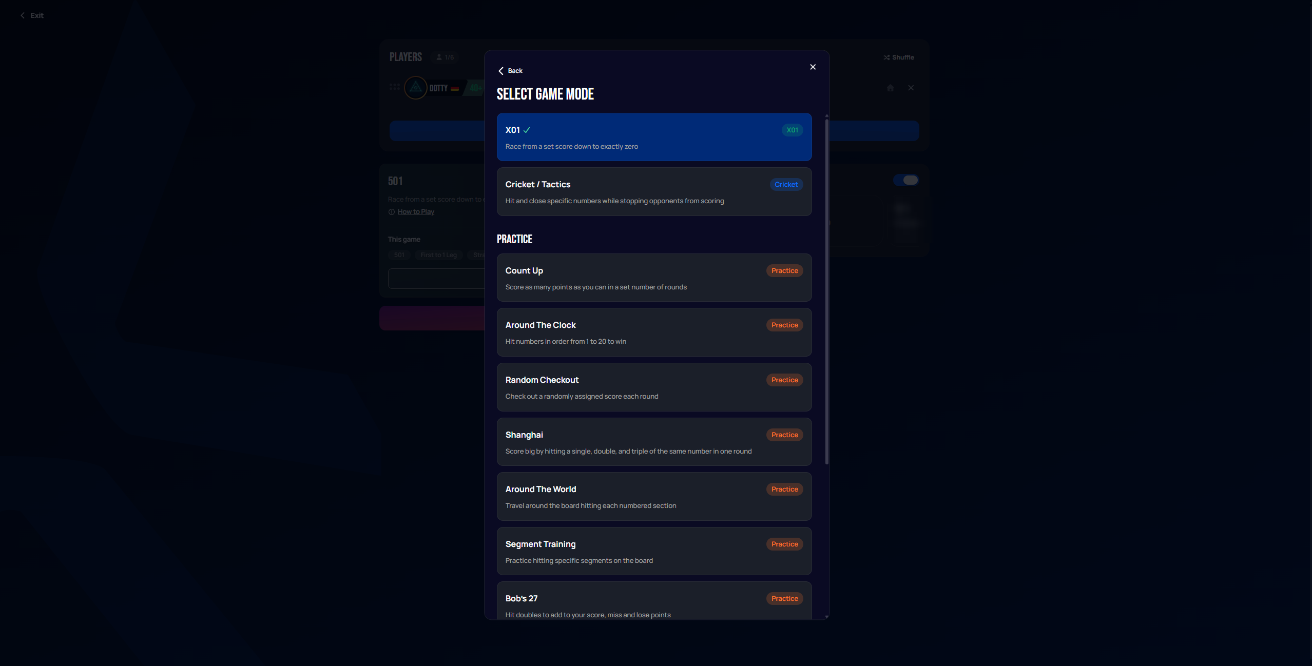 Select Game Mode modal listing X01, Cricket/Tactics, and several practice modes