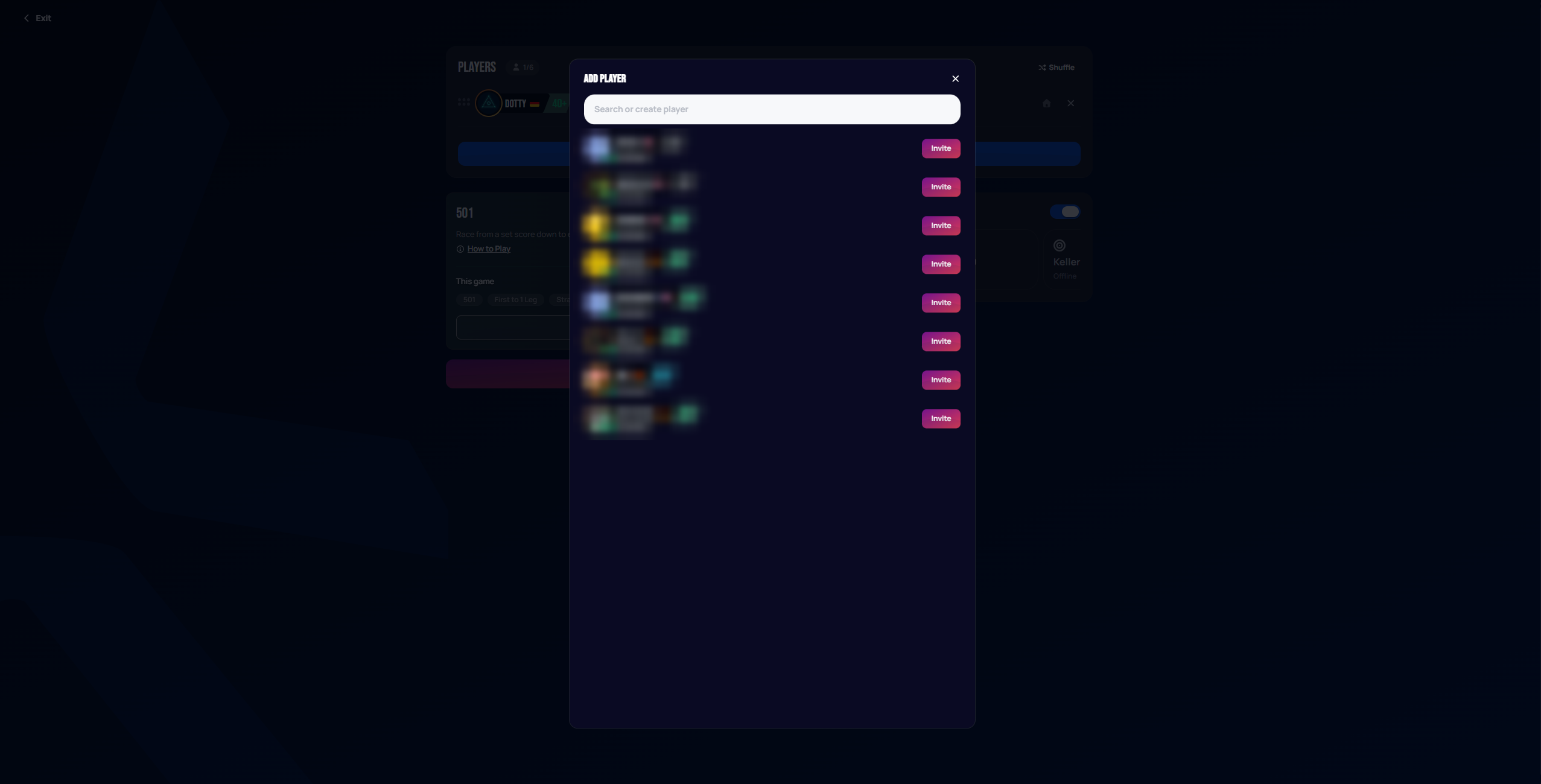 Add Player modal with a searchable list of Autodarts users and Invite buttons