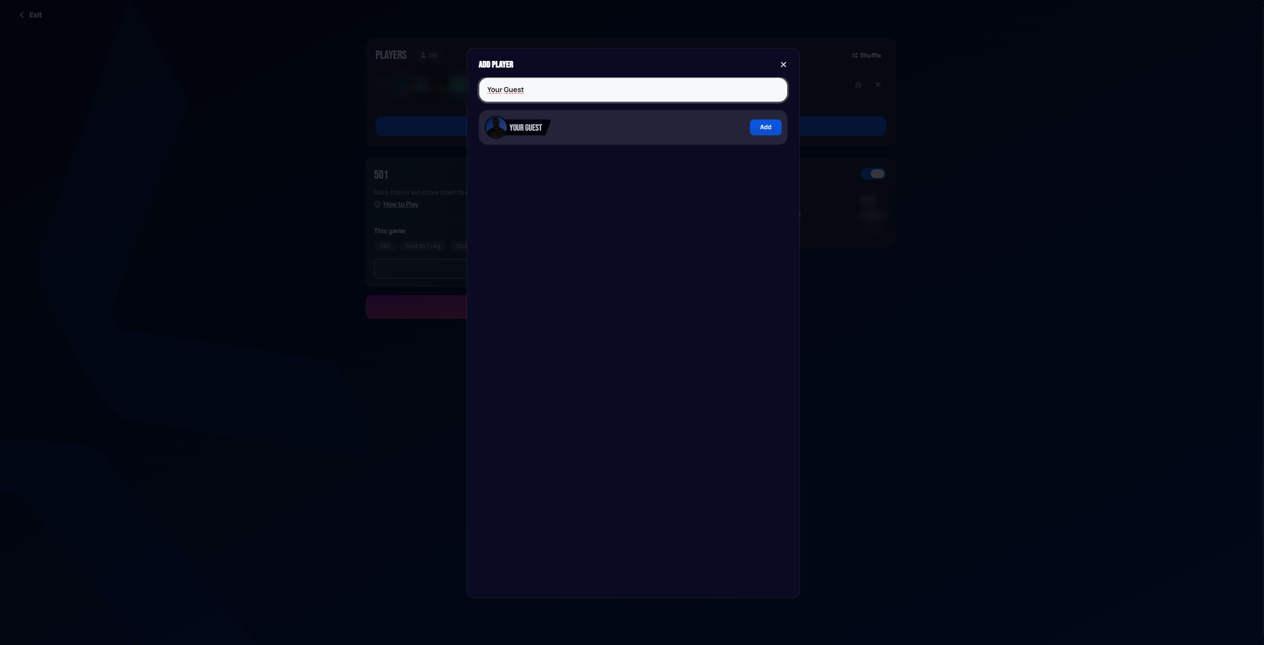 Add Player modal with a guest player name typed in and an Add button