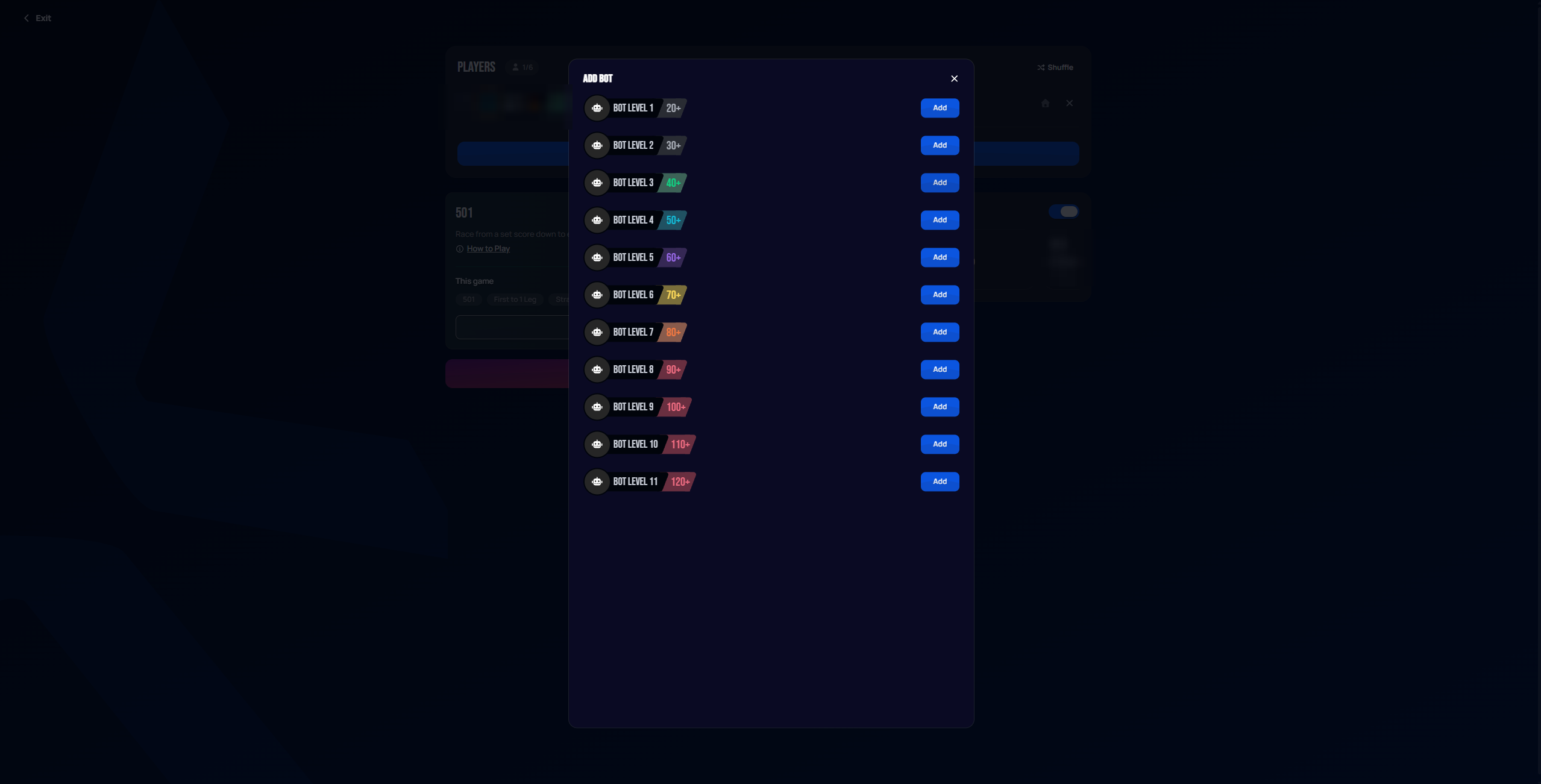 Add Bot modal listing Bot Level 1 through Bot Level 11, each with an approximate skill rating and an Add button