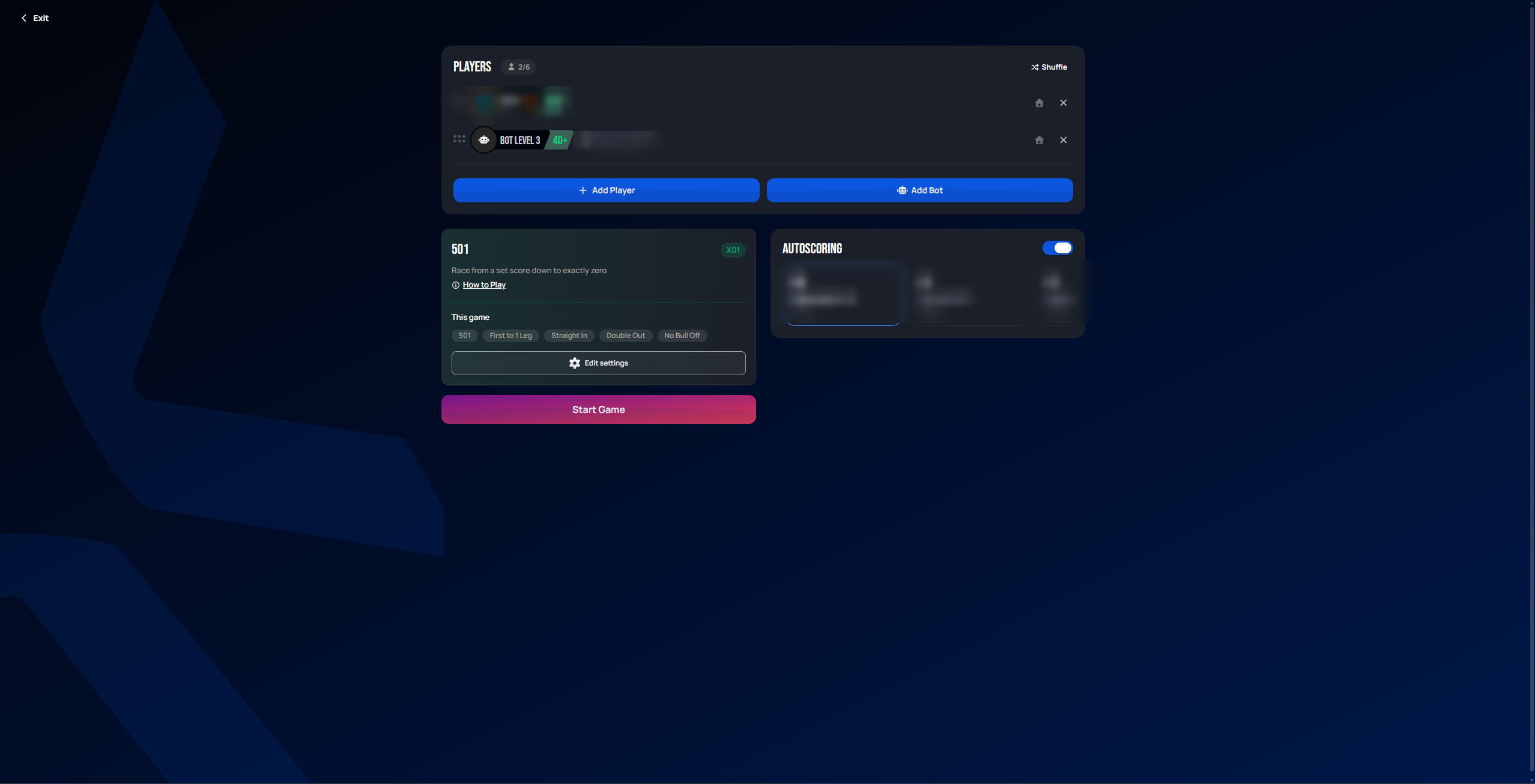 Lobby with two players — the user and a bot — plus a Start Game button