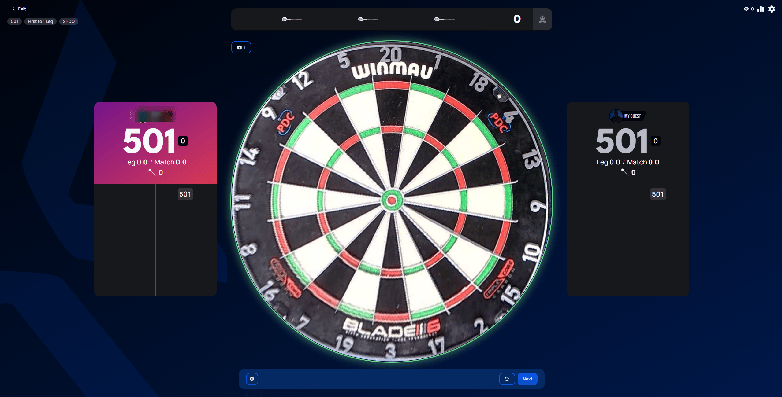 Live match view at the start of a 501 game, both players showing a score of 501, with a camera feed of the dartboard