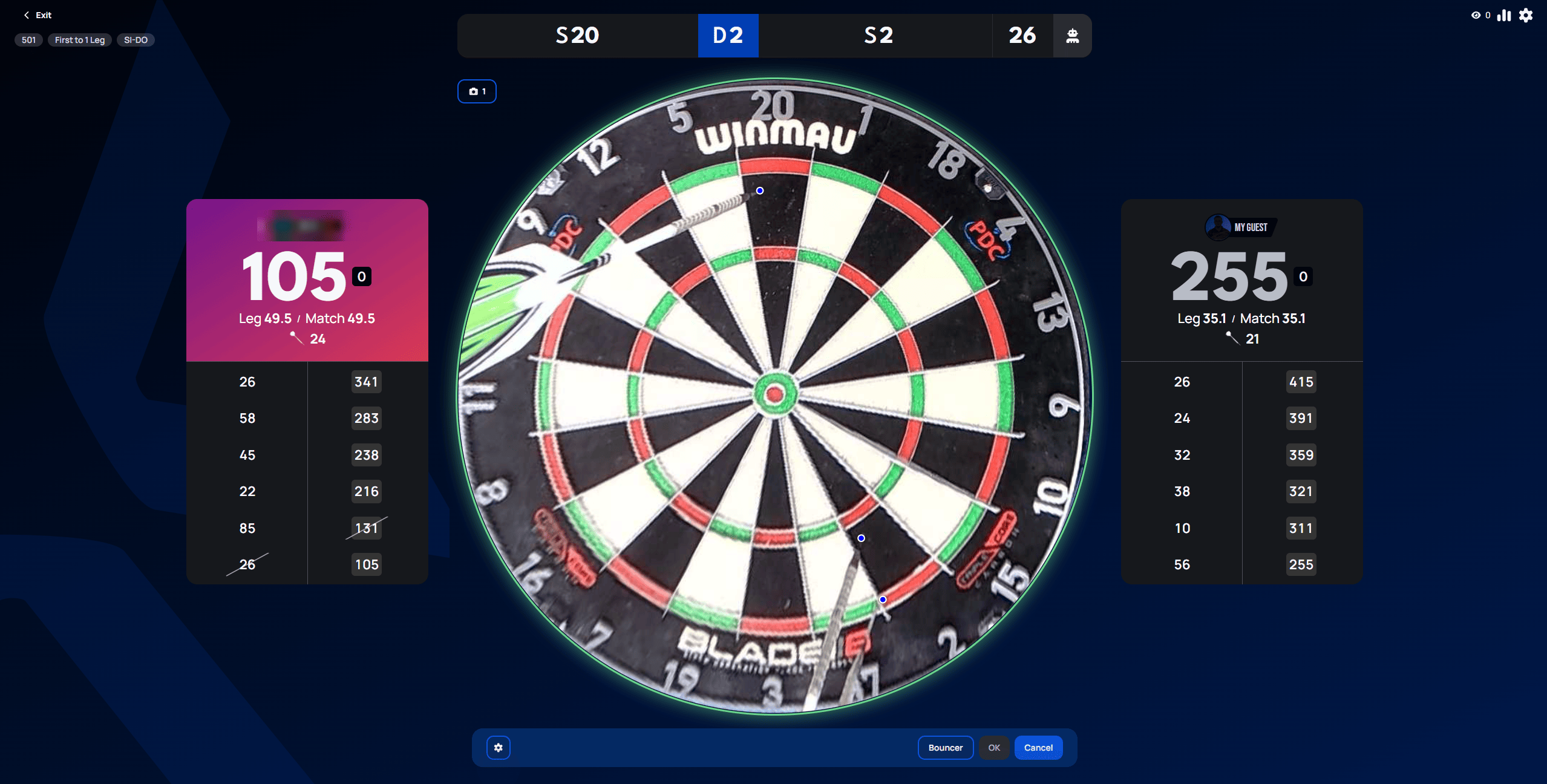 Live match view with a detected dart highlighted for correction (shown as D2), and Bouncer, OK, and Cancel controls