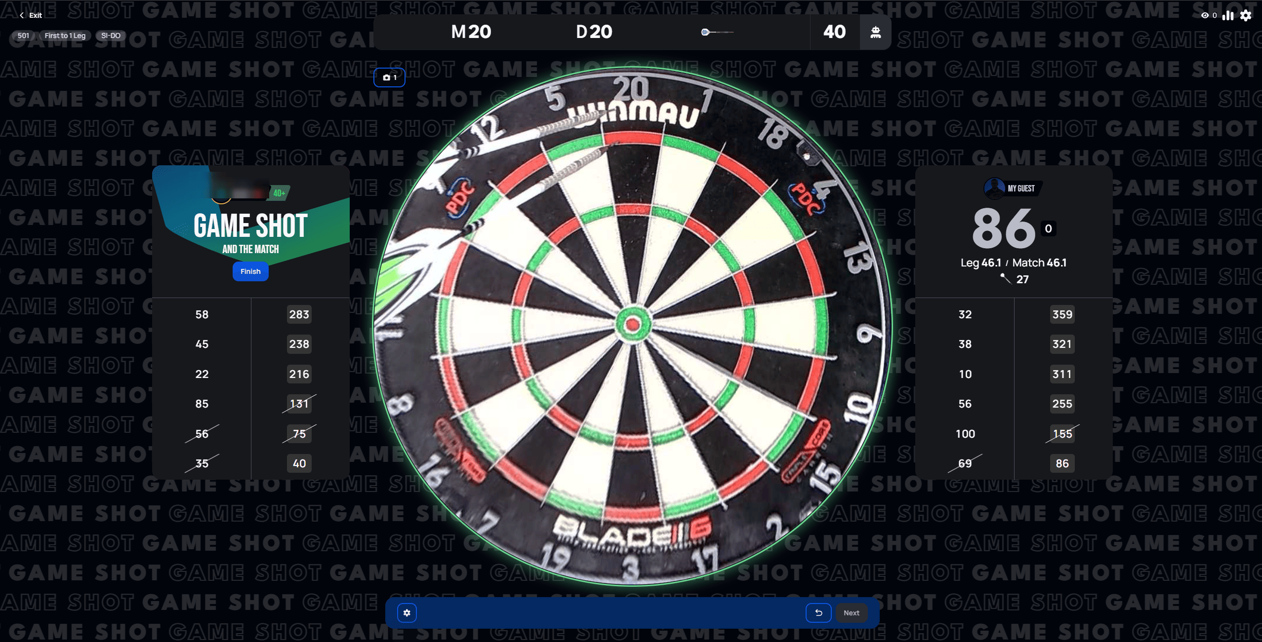 Game Shot and the Match banner on the winning player's card immediately after a checkout, with a Finish button