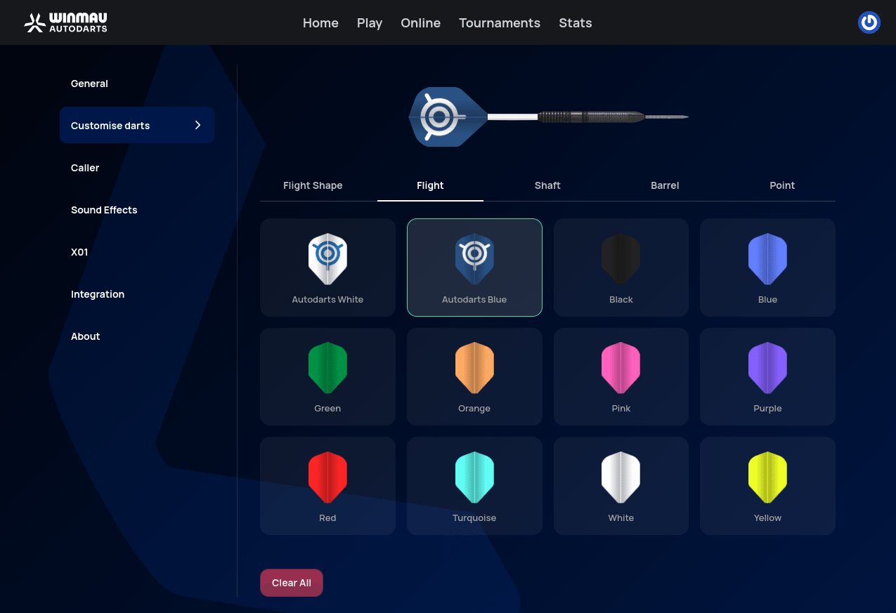 Customise darts tab, Flight sub-tab, showing a grid of color options including Autodarts White, Autodarts Blue, Black, Blue, Green, Orange, Pink, Purple, Red, Turquoise, White, and Yellow