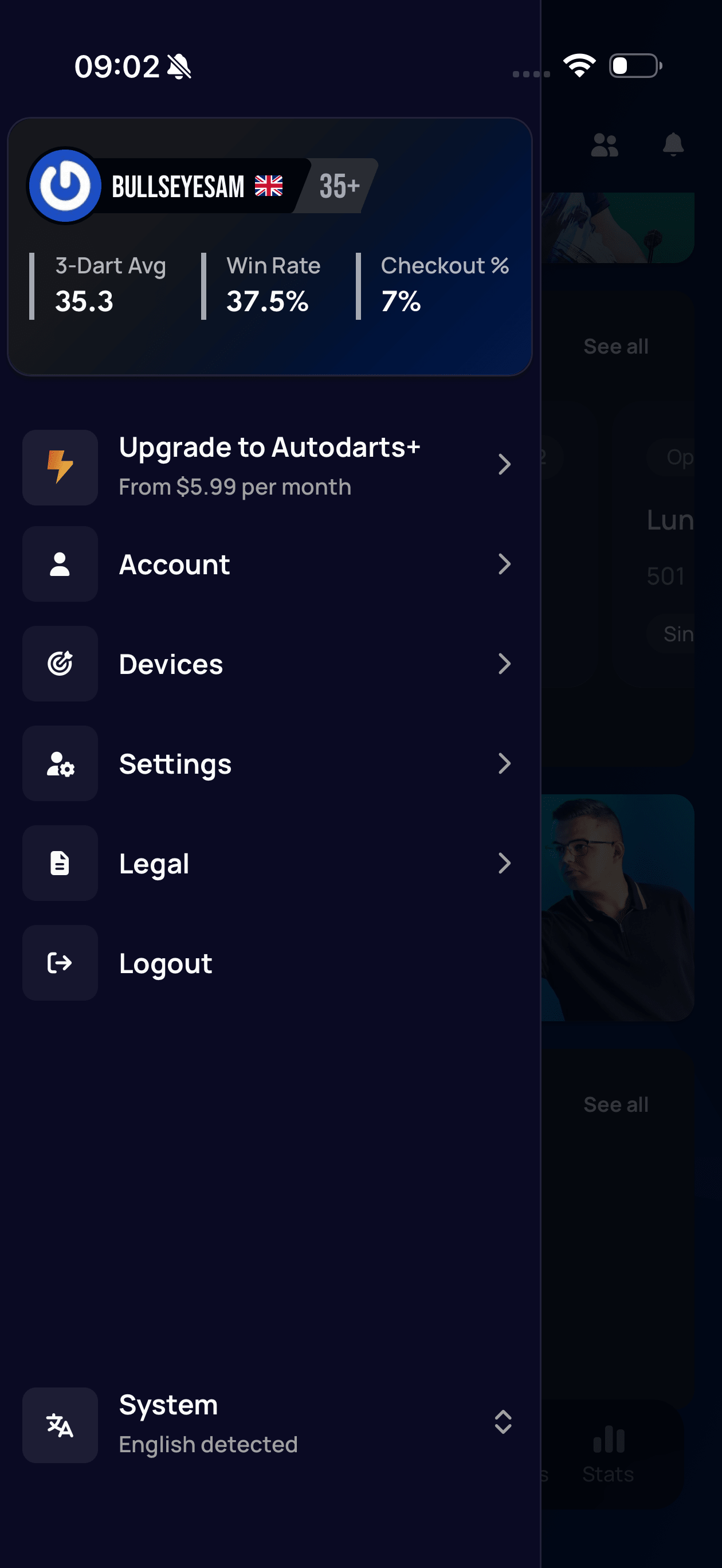 Autodarts mobile app side menu opened from the avatar, listing Upgrade, Account, Devices, Settings, Legal, and Logout