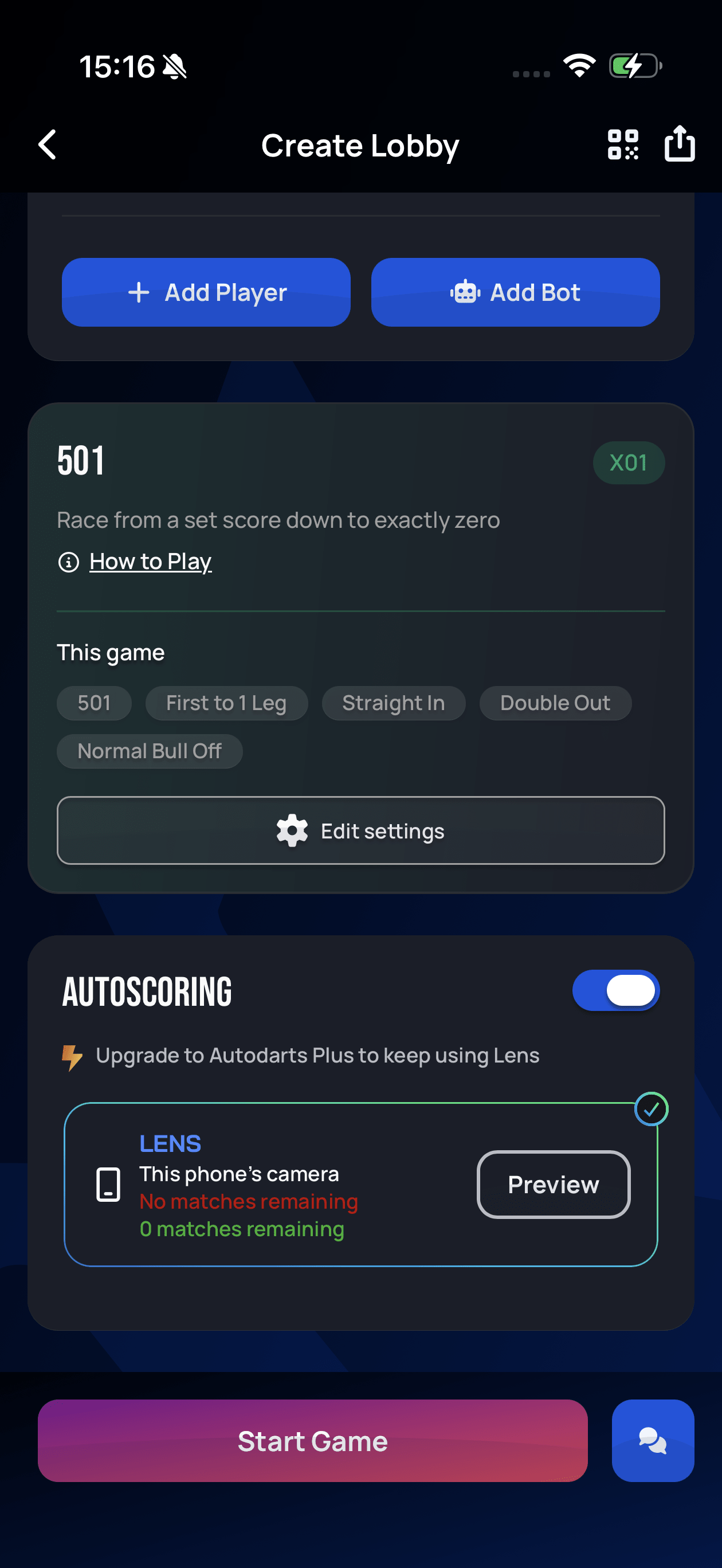Lobby Autoscoring panel with the Lens card showing No matches remaining in red and an Upgrade to Autodarts Plus to keep using Lens prompt above it