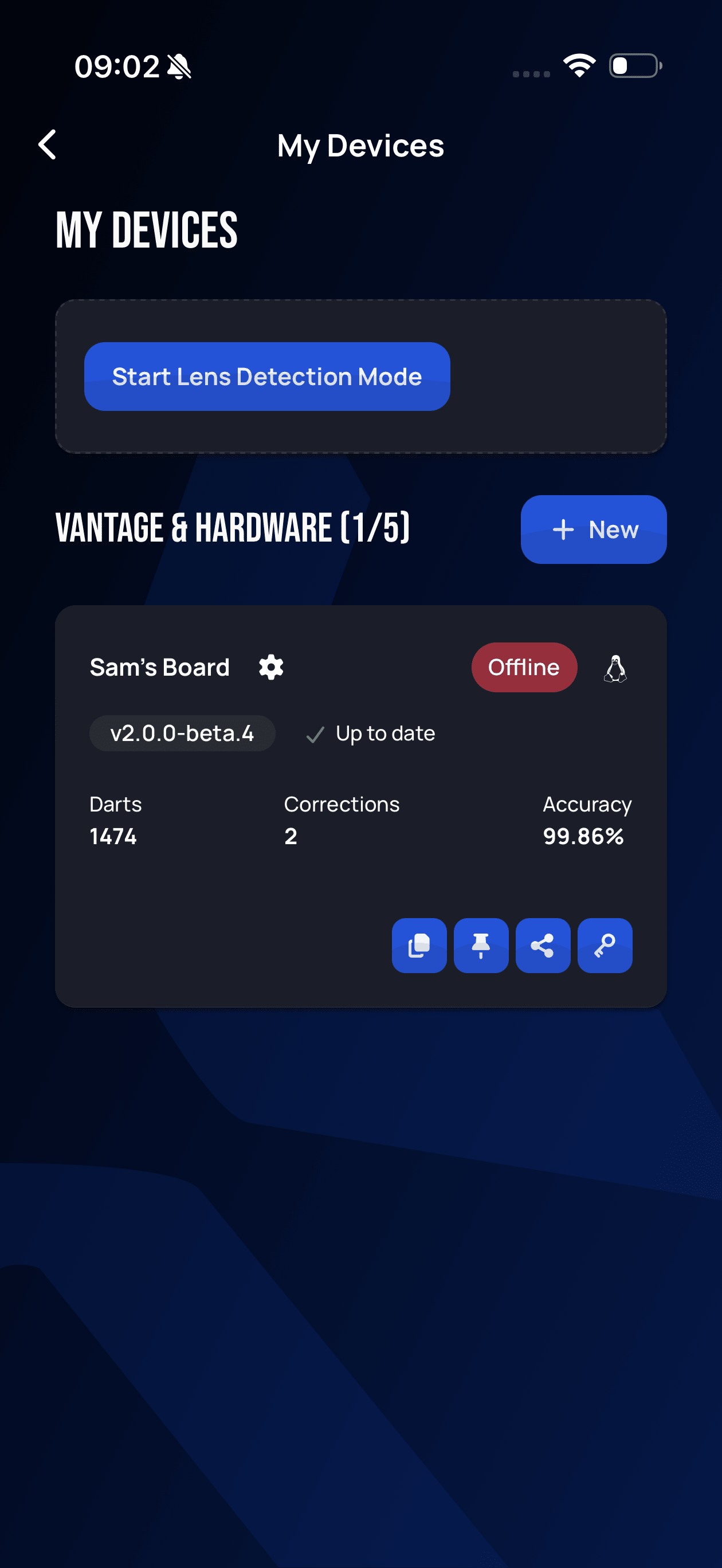 My Devices page in the Autodarts mobile app with a Start Lens Detection Mode button above the Vantage and Hardware device list