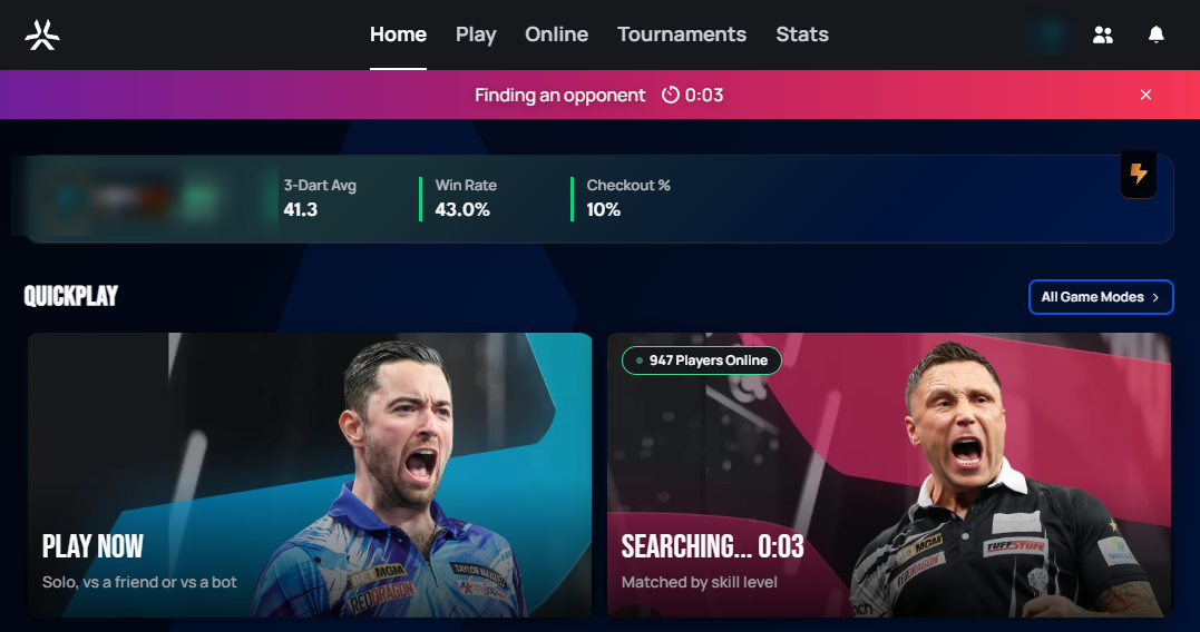 Home page with a 'Finding an opponent' banner and timer at the top while queued for matchmaking