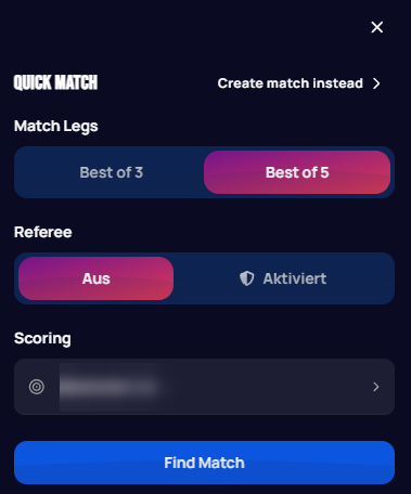 Quick Match panel with Match Legs (Best of 3 / Best of 5), Referee (Off / Enabled), and a Scoring/board selector