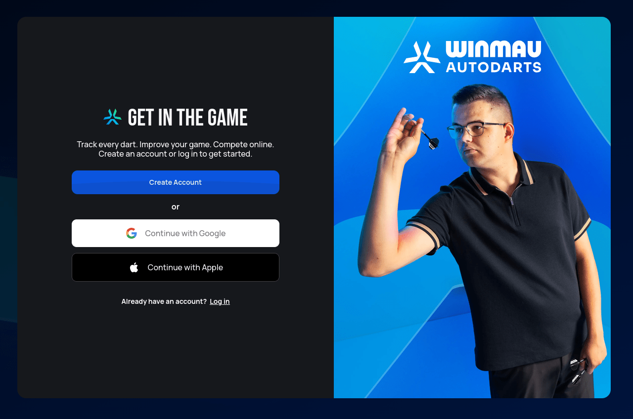 The Get in the Game sign-up screen with Create Account, Continue with Google, Continue with Apple, and a Log in link