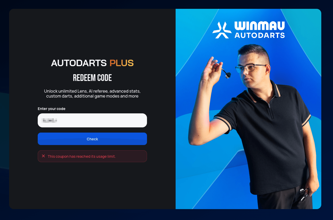 The Redeem Code page showing the red error message This coupon has reached its usage limit under the Check button