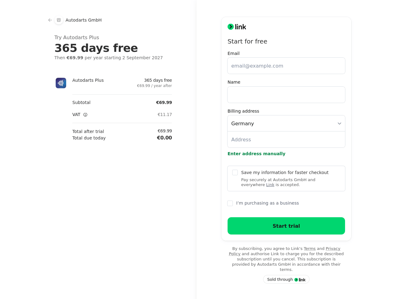 The payment provider's checkout page showing Try Autodarts Plus, 365 days free, Total due today 0.00 euro, and only email, name, and billing address fields with a Start trial button
