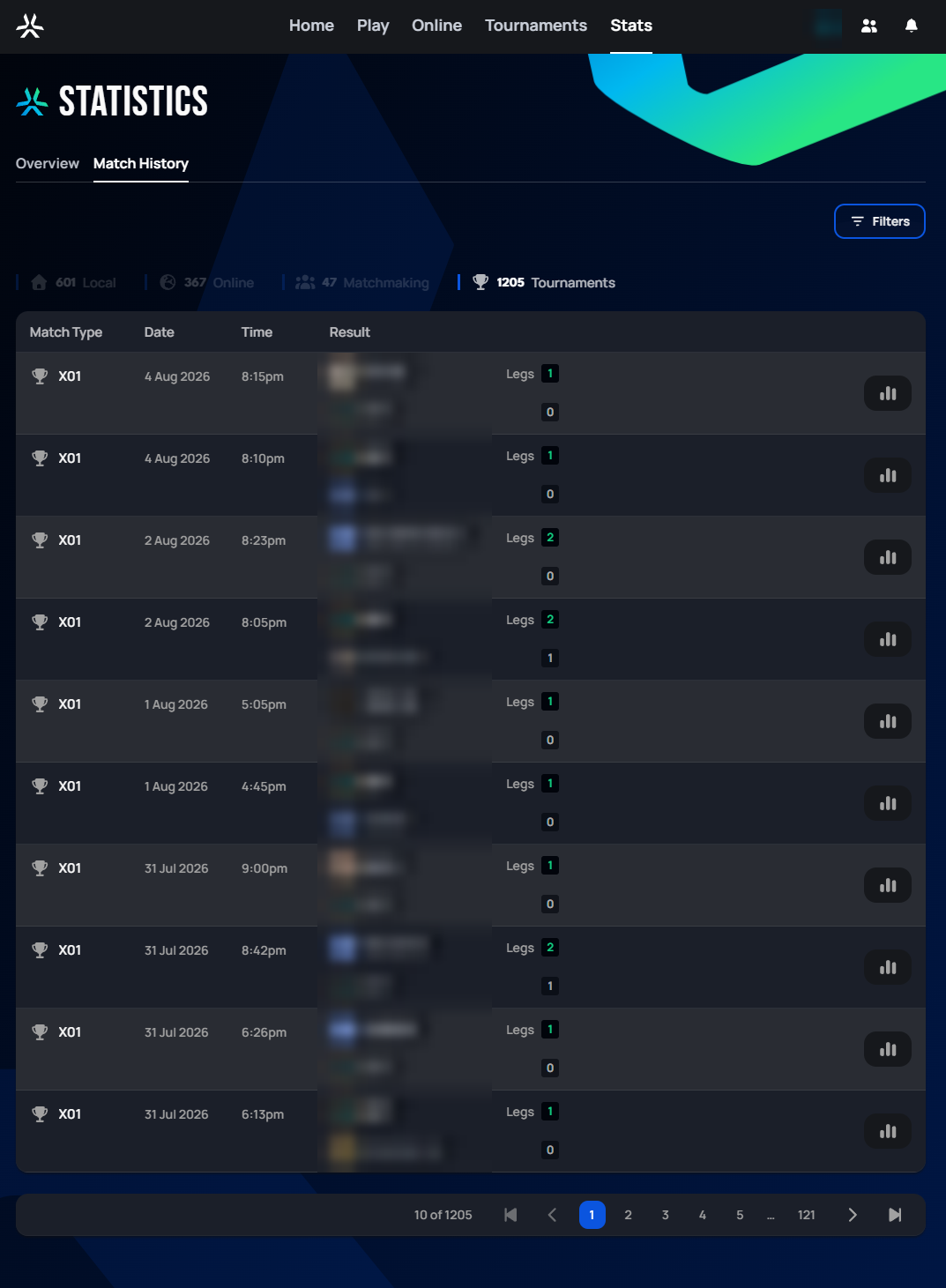 Match History tab showing a list of past X01 tournament matches with dates, times, and results