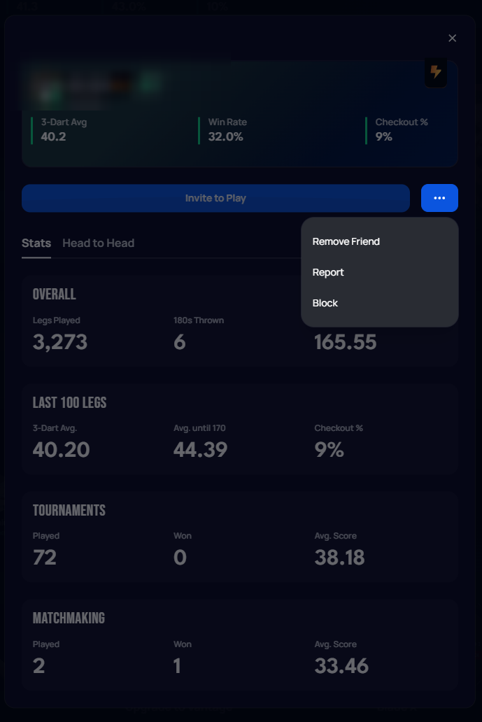 Player card for a friend, showing Invite to Play, the extended menu with Remove Friend/Report/Block, and the Stats tab